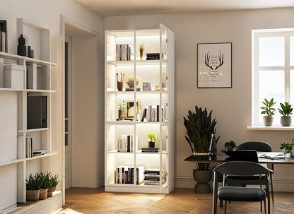 Display Storage Cabinet with Glass Door, LED Lights,Showcase for Collections, Perfume, Vinyl Albums, Bookcase for Home Office, Living Room, Clinic, Pantry (5 Layers-White)