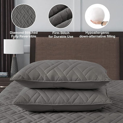 HORIMOTE HOME Quilt Set Queen Size Grey, Classic Geometric Diamond Stitched Pattern, Microfiber Ultra Soft Lightweight Bedspread Coverlet for All Season, 3 Piece Includes 1 Quilt and 2 Shams