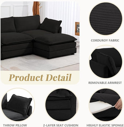 112'' Sectional Modular Cloud Couch, Oversized L Shaped 3 Seat Sofa with Movable Ottomans, 2 Throw Pillows, Upholstered Corduroy L Shape Comfy Deep Couches for Living Room and Office, Black