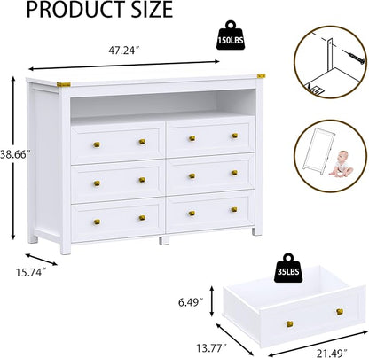 Dresser for Bedroom with 6 Drawers, Wide Chest of Drawers with LED Light and Power Outlet, Wooden Closet Organizer Clothes Storage Cabinet, Modern Double Dressers for Living Room, Hallway, White