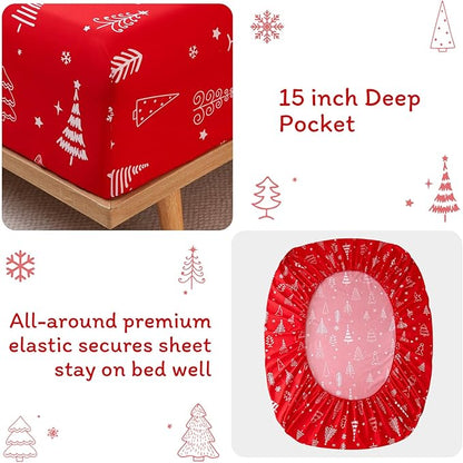 JSD Red Christmas Tree Kids Sheet Set Full Size, 4 Piece Soft Printed Microfiber Sheets Deep Pocket
