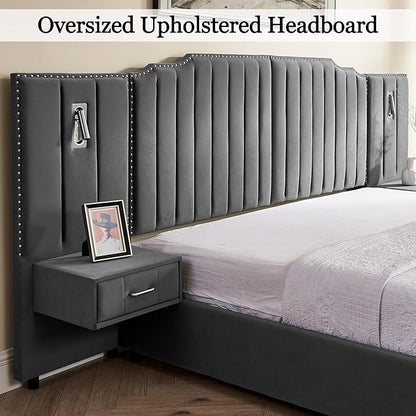 Luxury Queen Bed Frame with Headboard and Storage, Velvet Fabric Upholstered Platform Bed Frame Queen Size with LED Lights, Solid Frame & Bedside Table, No Box Spring Needed, Gray