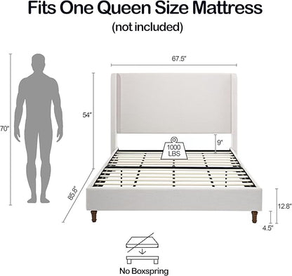Queen Size Upholstered Bed Frame, Harper 54" Tall Headboard Platform Beds, Wingback Headboard Bedframes/No Box Spring Needed/Easy Assembly/Elegant Simplicit, Ivory Chenille