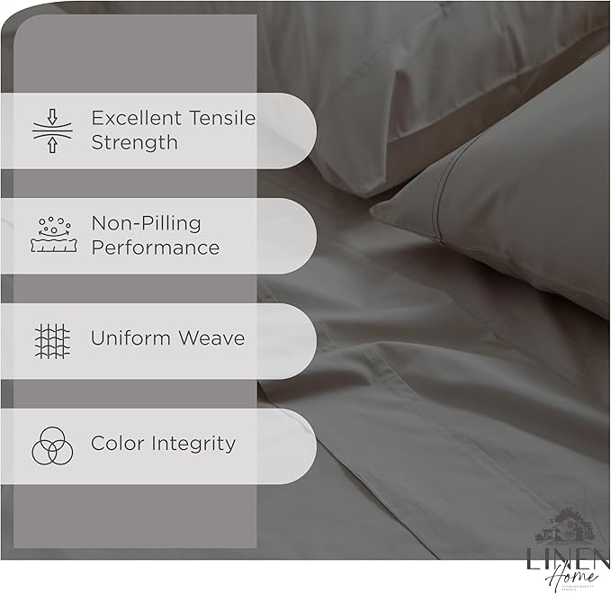 Linen Home 100% Cotton Percale Sheets Twin XL Size, Charcoal, Deep Pocket, 3 Pieces Set - 1 Flat, 1 Deep Pocket Fitted Sheet and 1 Pillowcase, Crisp Cool and Strong Bed Linen