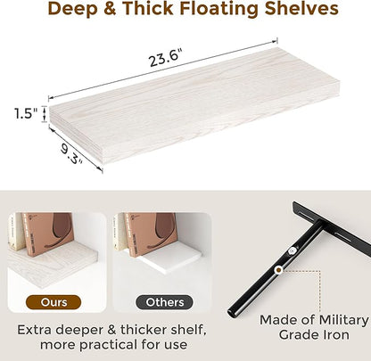 Fun Memories Floating Shelves for Wall, 24 x 9.3 Floating Shelf Wall-Mounted, Rustic Wood Bathroom Shelf Set of 2, Deep Bookshelf Storge Shelves for Living Room, Bedroom, Farmhouse, Brich Color