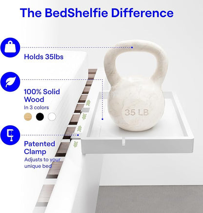 BedShelfie Wood Bedside Shelf for Bunk Bed & Top Bunk, College Dorm Room Essentials, Loft Nightstand, Floating Bed Side Table Tray Storage, Dorm Room Decor by Smallish - (Flexfit Bamboo Model, White)