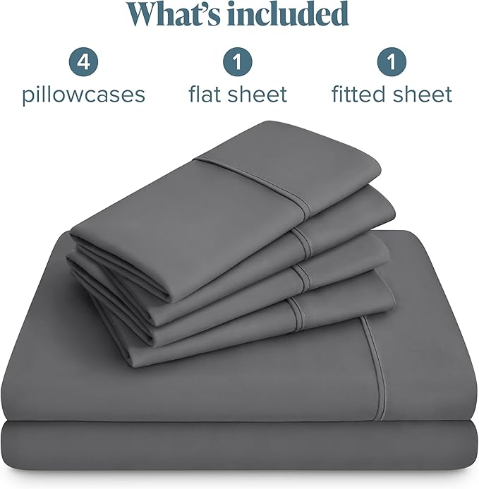 Bare Home Hotel Luxury Split Head Flex King Sheet Set, Extra Soft, Deep Pockets, Easy Fit, Cooling & Breathable, Wrinkle, Fade, Stain Resistant, with 4 Pillowcases (Split Head Flex King, Grey)