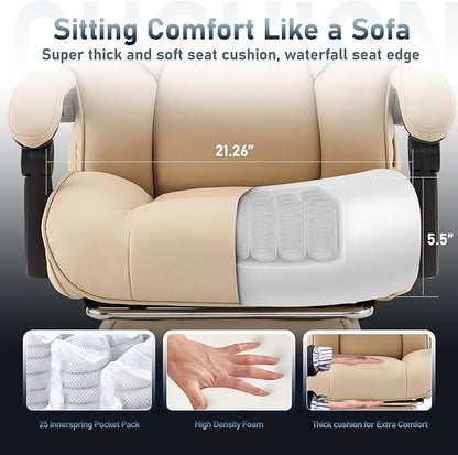 COLAMY Office Chair with Retractable Footrest, Ergonomic High Back Design Executive Computer Desk Chair with Removable Lumbar Pillow, 90-135°Reclining, Thick Bonded Leather for Home Office Work, Khaki