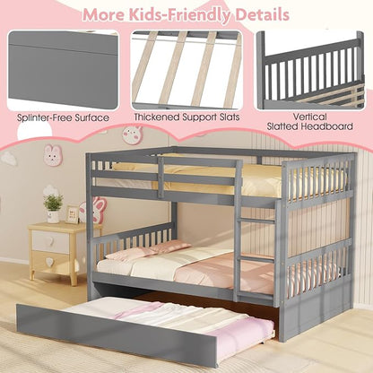 KOMFOTT Wood Full Over Full Bunk Bed with Trundle, Wooden Bed Frame with Ladder, Solid Wood Frame & Safety Guardrails, Space-Saving Bunk Bed for Teens & Adults, No Box Spring Needed