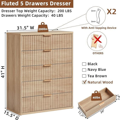 LEYAOYAO Fluted 5 Drawers Dresser Set of 2, 41" Tall Modern Chest of Drawers with Metal Handle, Curved Profile Dresser TV Stand, Wooden Drawer Organizer for Bedroom, Living Room, Hallway, Lightgrey