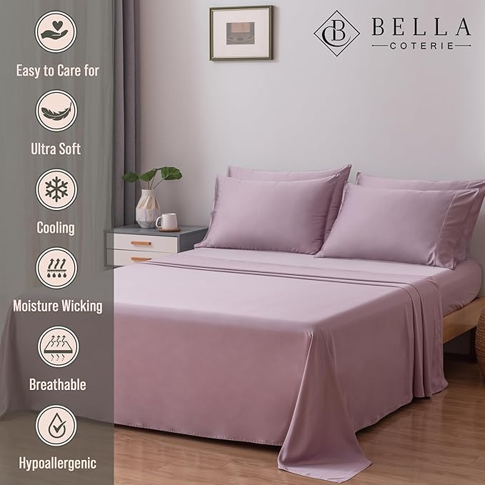 Bella Coterie 6 Piece Luxury Bamboo Viscose Queen Size Sheet Set | 100% Organically Grown | Cooling for Hot Sleepers | 18" Deep Pocket | Soft & Hypoallergenic | 4 Pillowcases [Lilac]