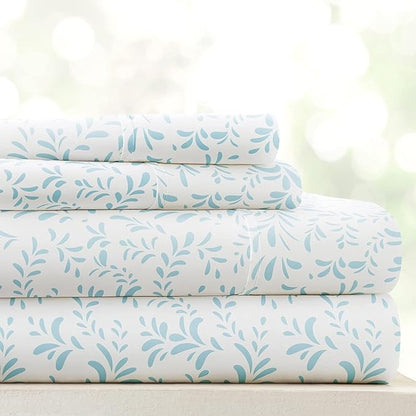 Linen Market Patterned Microfiber Queen Sheet Set 4 Piece – Oeko-TEX Certified Ultra Soft & Wrinkle-Free - 16" Deep Pocket Sheets - Easy Care Queen Size - Burst of Vines Light Blue