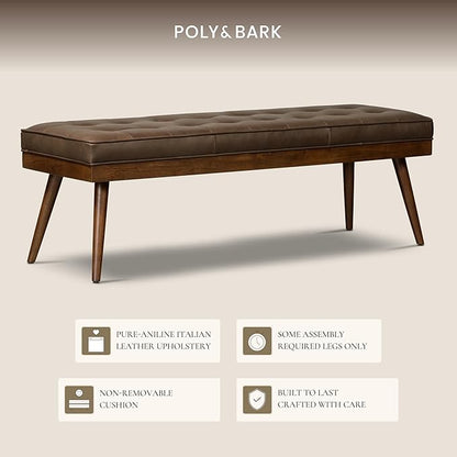 Poly & BARK 55" Tufted Leather Bed Bench for Bedroom End of Bed - Living Room Entry Way Bench - Pure Italian Leather Upholstery with a Solid Wood Frame - Ottoman Bench with Wooden Legs - Cocoa Brown