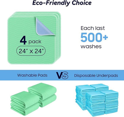 4 Pack 24” x 24” Extra Heavy Absorbency Washable Underpads, Waterproof Nursing Pads Incontinence Bed Pads, Reusable Washable Pee Pads for Dogs, Diaper Changing & Adults, Washable Puppy Pads