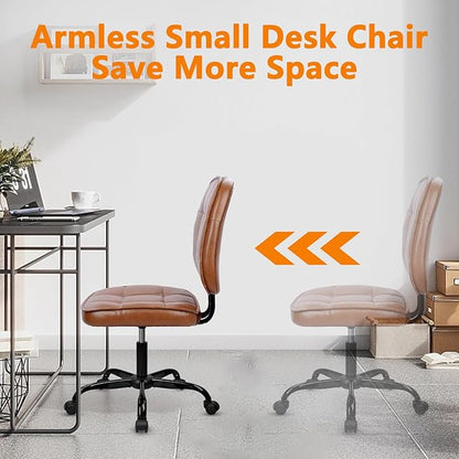 CLATINA Armless Home Office Chair with Lumbar Support and Wheels, Small PU Leather Ergonomic Low Back Desk Chairs No Arms, Adjustable Height 360° Swivel Rolling Computer Task Chair, Brown