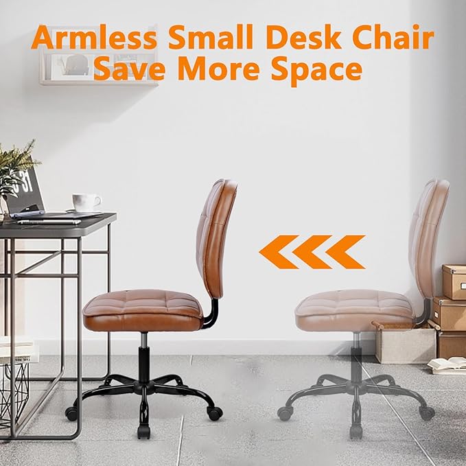 CLATINA Armless Home Office Chair with Lumbar Support and Wheels, Small PU Leather Ergonomic Low Back Desk Chairs No Arms, Adjustable Height 360° Swivel Rolling Computer Task Chair, Brown, 6 Pack