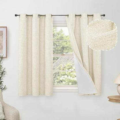 45 Inch Length Linen Blackout Curtains for Short Cafe Window, Thermal Insulated Light Blocking Soundproof Privacy Burlap Curtains 2 Panels, Each 38 Inch Wide Cream