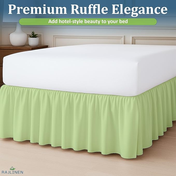 Rajlinen Ruffled Bed Skirt King, 16 Inch Drop Dust Ruffle with Split Corners, 100% Microfiber Bedskirt with Platform, Three-Sided Coverage Ruffled Gathering Design, Sage