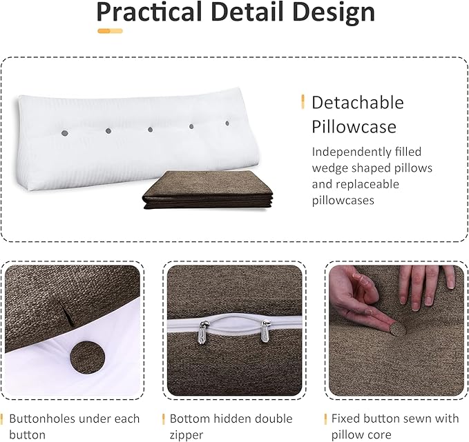 homecozy Wedge Headboard Pillow Dorm Room Reading Pillow Back Support for Sitting Up in Bed Bolster Lumbar Cushion Body Positioning Bedrest Cotton Linen 54in Coffee Full