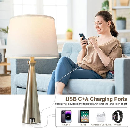 Seealle Modern Table Lamps Set of 2 - Touch Bedside Lamp for Nightstand with Dual USB C+A,3-Way Dimmable Silver Nightstand Lamps for Living Room Bedroom End Table with White Shade(Bulb Included)