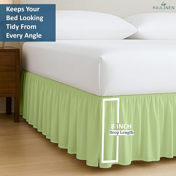 Rajlinen Ruffled Bed Skirt Full XL, 8 Inch Drop Dust Ruffle with Split Corners, 100% Microfiber Bedskirt with Platform, Three-Sided Coverage Ruffled Gathering Design, Sage
