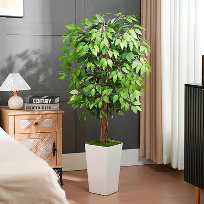 5ft Ficus Artificial Tree with 3 Natural Curved Trunks, 60" Tall Lush Faux Tree for Home Decor Indoor, Green Lifelike Fake Ficus Tree with White Planter Pot