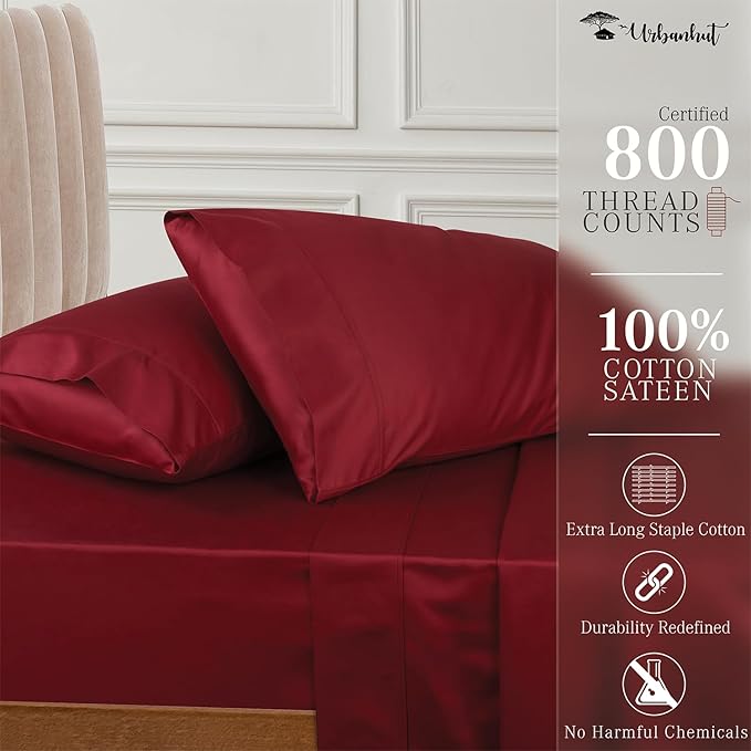 URBANHUT 800 Thread Count 100% Cotton Queen Size Sheets, Luxury 4 Piece Queen Bedsheets, Hotel Sheets Sateen Finish - Better Than Egyptian, 16" Elasticized Deep Pocket - Burgundy