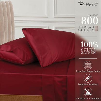 URBANHUT 800 Thread Count 100% Cotton Full Size Sheets, Luxury 4 Piece Full Bedsheets, Hotel Sheets Sateen Finish - Better Than Egyptian, 16" Elasticized Deep Pocket - Burgundy