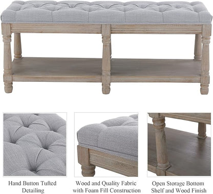 Mid Century Tufted Storage Bench with Shelf, Linen Upholstered Farmhouse Entryway Shoe Bench Ottoman Bed End Stool with Padded Seat, Rustic Bench for Bedroom Living Room Dining Room, Grey