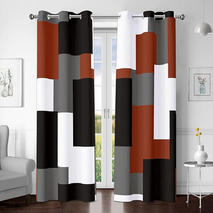 Burnt Orange 100% Blackout Curtains for Bedroom 63 inch Length 2 Panels Set Grey Modern Abstract Geometric Fall Black Out Curtains Insulated Room Darkening Window Drapes for Living Room, 42Wx63L