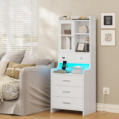 ADORNEVE Tall Night Stand with Charging Station and LED Lights,49.2" Nightstand with Bookshelf, White Bedside Table with Drawers,End Side Table for Bedrooms
