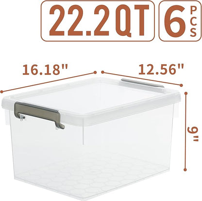 Citylife 22.2 QT 6 Packs Plastic Storage Bins with Lids and Secure Latching Buckles Clear Stackable Storage Containers for Organizing Durable Storage Box