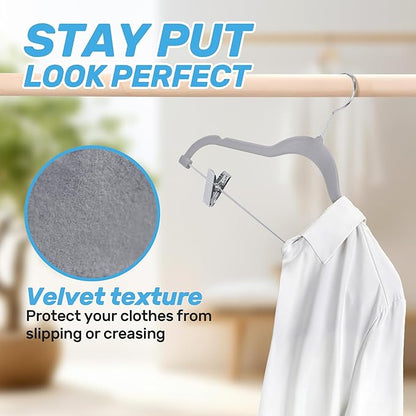 Velvet Pants Hangers 20 Pack with Adjustable Clips, Space-Saving Slim Flocked Hangers, Heavy Duty & Non-Slip Felt Clothes Hangers for Pants, Skirts, Dresses, and Jeans(Grey)