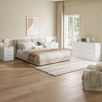 55" Long Dresser and Nightstand Set 3-Piece, 6 Drawer Dressers & Night Stand Set of 2 with Metal Handle, Fluted Modern Wood Chest of Drawers Storage Dressers Set for Bedroom, White
