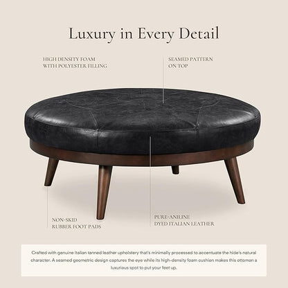 POLY & BARK Gio Ottoman – 30” Round with Feather-Down Topper – Full-Grain Leather Upholstery – Couch Ottoman for Living Room – Italian Leather in Onyx Black