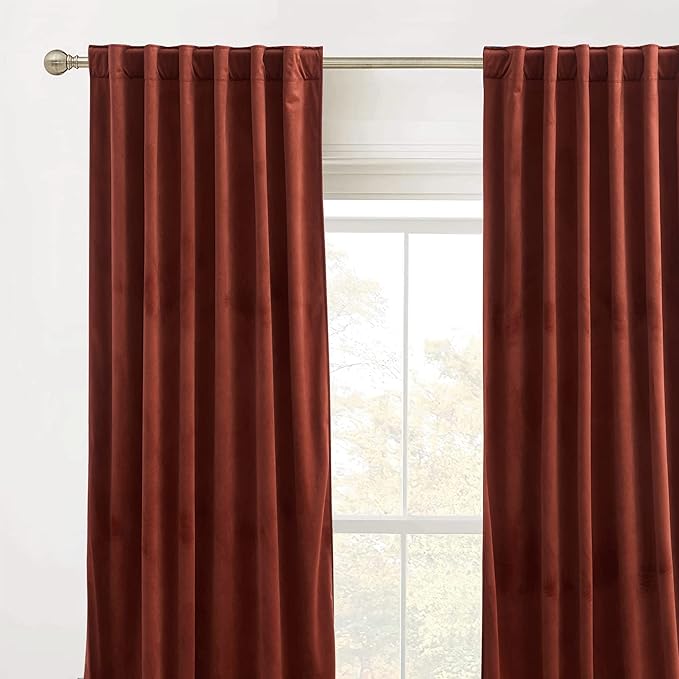 RYB Home Rust Red Velvet Curtains 96 inches Long, Thermal Insulated Panel for Bedroom Room Darkening Window Treatment for Holiday Backdrop Privacy Drapes for Guest Room, W52 x L96, 2 Panels