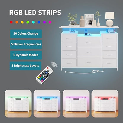 LUMTOK 11 Drawers Dresser with Fabric Drawers,Charging Station, LED Lights and Shelves for Bedroom Storage Organization