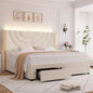 HITHOS Full Upholstered LED Bed Frame with 2 Storage Drawers, Velvet Platform Bed with Wingback Headboard, Solid Wooden Slats Support, No Box Spring Needed, Headboard Splicing Design, Beige