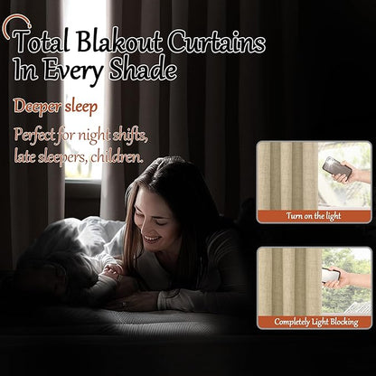 100% Blackout Curtains for Living Room/Bedroom 84 Inch Length 2 Panels Set, Thermal Insulated Bronze Grommet Boho Light Blocking Faux Linen Window Drapes White Liner, Each 52" Wide, Burlap
