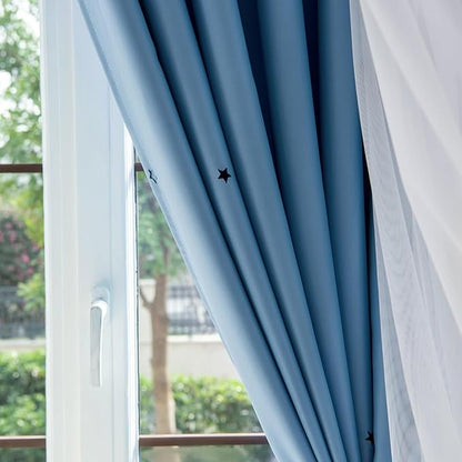 Star Double Layer Blackout Curtains for Bedroom, Kids - Cute, 72 Inch Long 2 Panel Set, Blue, 42 x 72 Inch