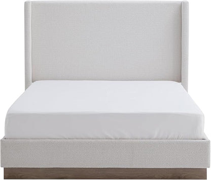 King Size Upholstered Platform Bed Frame, 53.1" Tall Headboard Hosford Wingback Bedframes, Wood Base Floor Beds, No Box Spring Needed, No Noise, Minimalist, Cream White Boucle