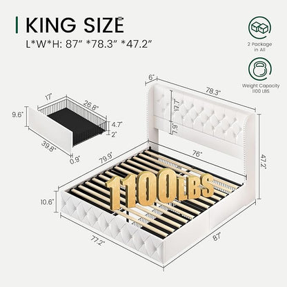 LARMACE King Size Bed Frame with 4 Storage Drawers and Wingback Headboard Velvet Upholstered Platform Bed Frame Tufted Beds with Wooden Slats Support, Easy Assembly, White
