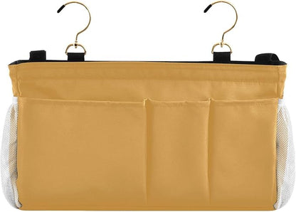 KOPIRIT Mustard Yellow Bedside Caddy Storage Bag Bedside Organizer for Bunk Bed Headboards College Hanging Bag Bedside Shelf 6 Pockets with Hooks for Magazine Water Bottle Holder