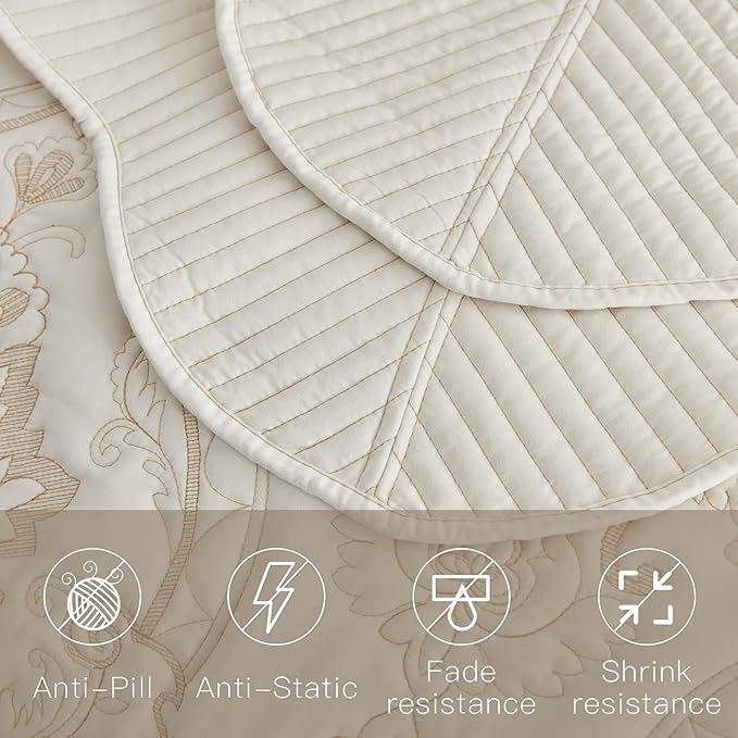 CHIXIN Oversized Bedspread Coverlet Set King Size - Lightweight Bedding Cover - Beautiful Stitching - 5 Piece Reversible Bedspread - Gorgeous Damask Paisley Pattern (King, Ivory-Yellow)