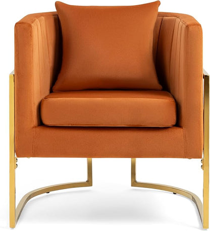 Velvet Modern Accent Chair, Upholstered Barrel Armchair Mid Century with Pillow for Living Room, Comfy Single Vanity Chair with Metal Gold Legs for Bedroom, Orange