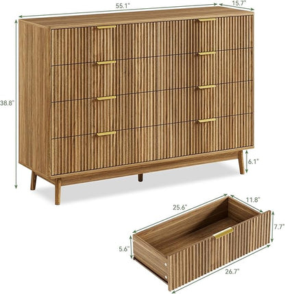 LYNSOM Fluted Dresser and Nightstand Sets 3 Piece, 9-Drawers Dresser and 1-Drawer Nightstands Set of 2, Wood Bedroom Furniture Set for Home, Bedroom, Hallway, Walnut