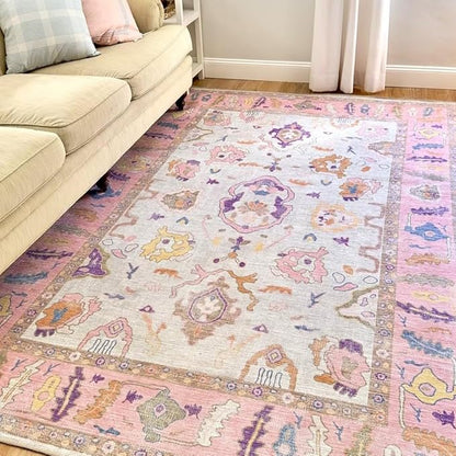 Fame Rugs Pink Beige Modern Oushak Rug 9x12, Vintage Turkish Colorful Oriental Washable Antique Inspired Oversize Area Rugs, Luxury Living Room Bedroom (390PP, 9' x 12)