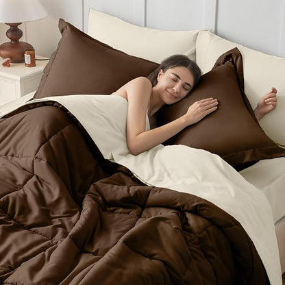 JOLLYVOGUE Queen Comforter Set, Ultra-Soft Bed in a Bag Queen Size 7 Pieces, Oeko-TEX Certified Bedding Set with Down Alternative Comforter, Sheets, Pillowcases & Shams, Brown & Beige