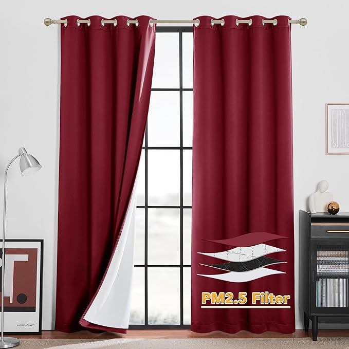 RYB HOME 4-in-1 Dust Filtering Soundproof Blackout Insulating Privacy Window Curtains for Nursery Bedroom Living Room Rivider Sound Absorption Sheet, Burgyndy Red, W52 x L95 inch, 2 Panels