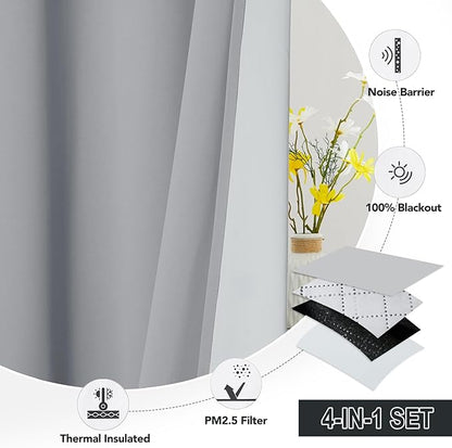 RYB HOME Soundproof & Dust Particle Filtering Curtains Blackout Window Treatment for Bedroom Living Room Divider Nursery Daytime Sleeping Patio Door, Silver Grey, W52 x L 102 inch, 2 Panels